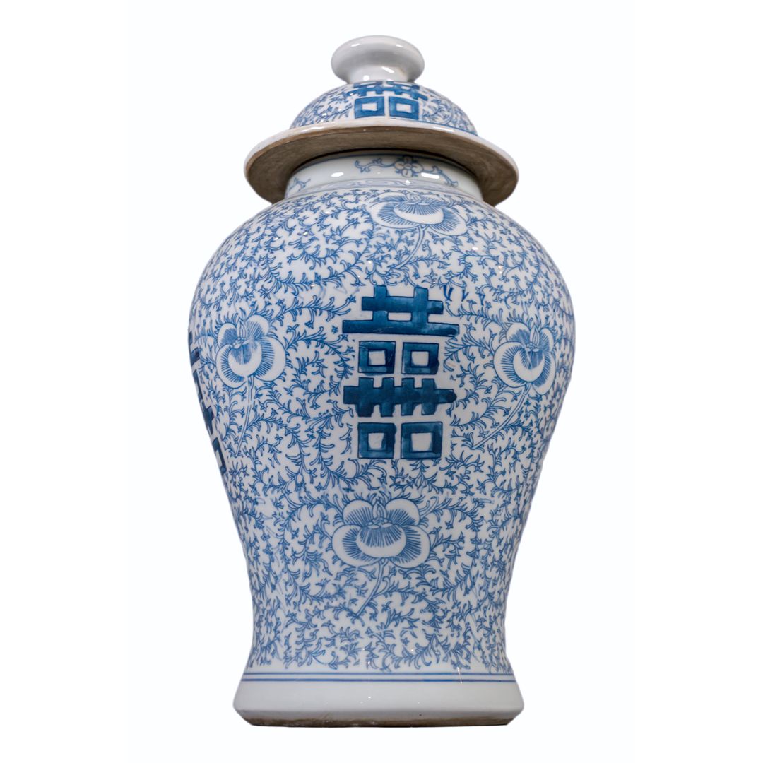 Vase couvert double bonheur – porcelaine de Chine bleu blanc