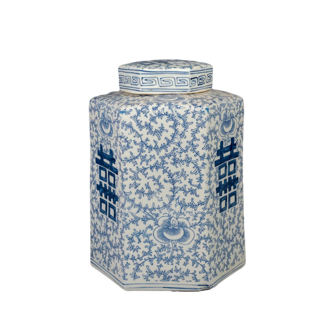 Chinese Zeshoekige Dekselpot 'Shuangxi' – Blauw-Wit
