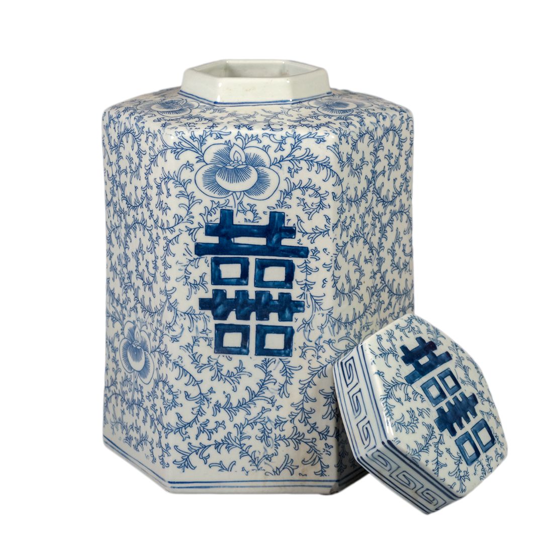 Chinese Zeshoekige Dekselpot 'Shuangxi' – Blauw-Wit