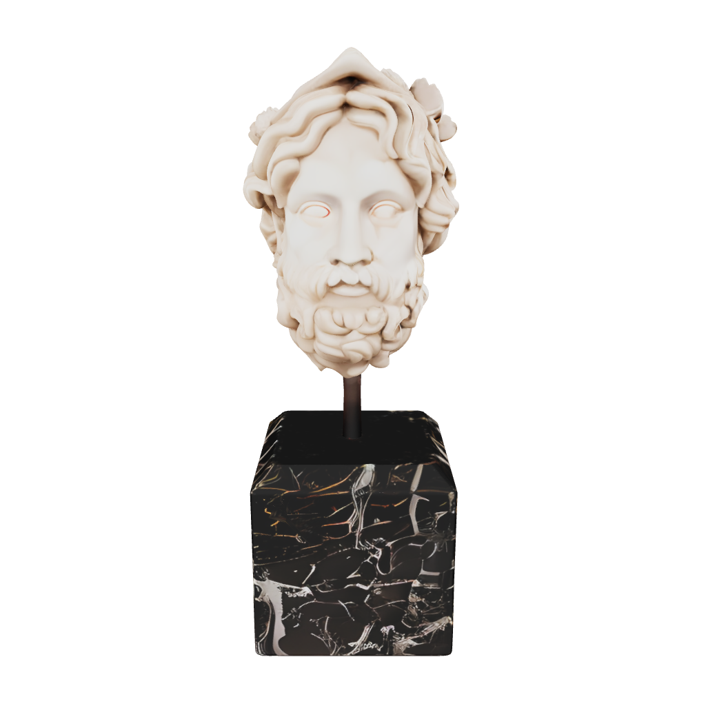 3D model of head of zeus marble sculpture on black veined marble base.